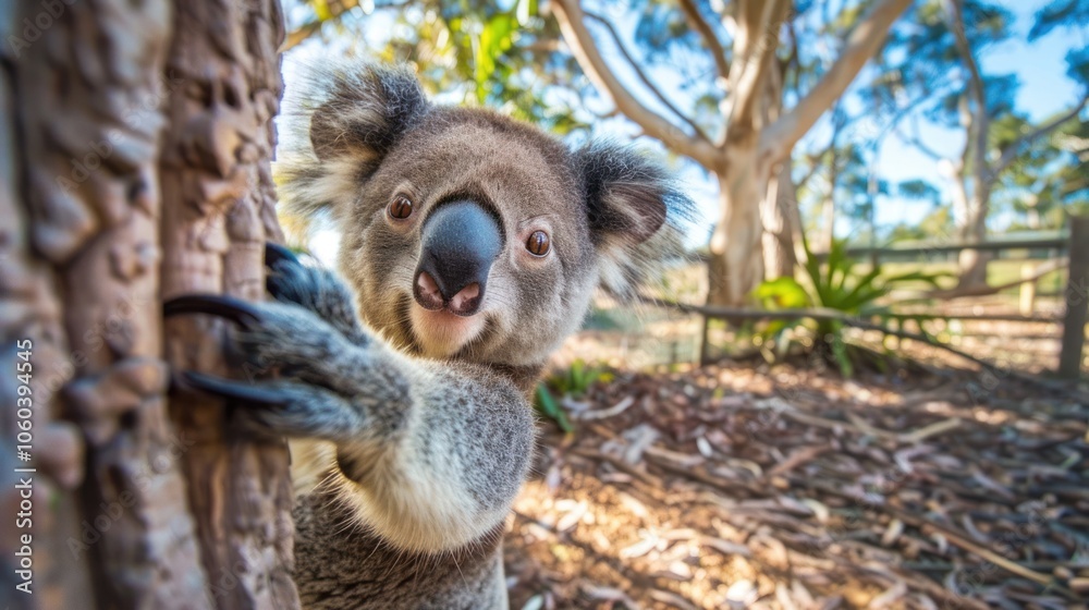 Fototapeta premium Cute animal selfies, a koala peeking out from behind a tree, looking at the camera