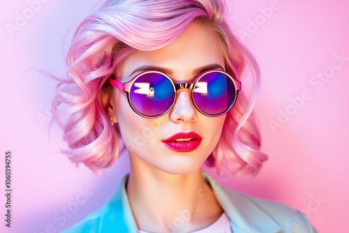 Trendy young woman with pastel pink hair and colorful sunglasses.generative AI 