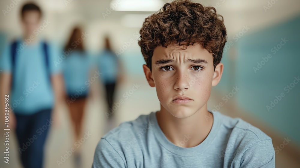 Teenager sitting alone in a school hallway, looking sad while other students walk by without noticing bullying, social isolation, loneliness Teenager sitting alone in a school hallway, looking sad while other students walk by without noticing bullying, social isolation, loneliness