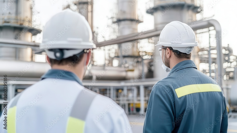 Technicians wearing hard hats and protective gear working in a refinery s highpressure area protective gear, refinery workers, safety Technicians wearing hard hats and protective gear working in a refinery s highpressure area protective gear, refinery workers, safety
