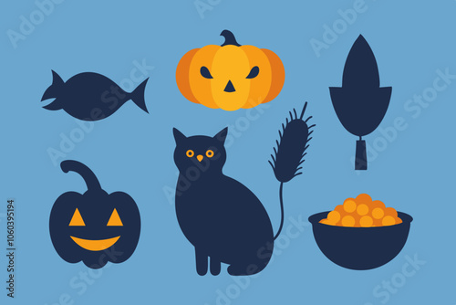 Halloween set. Icon set of cornucopia, black cats, Turkey, pumpkin, corn and bat for Halloween