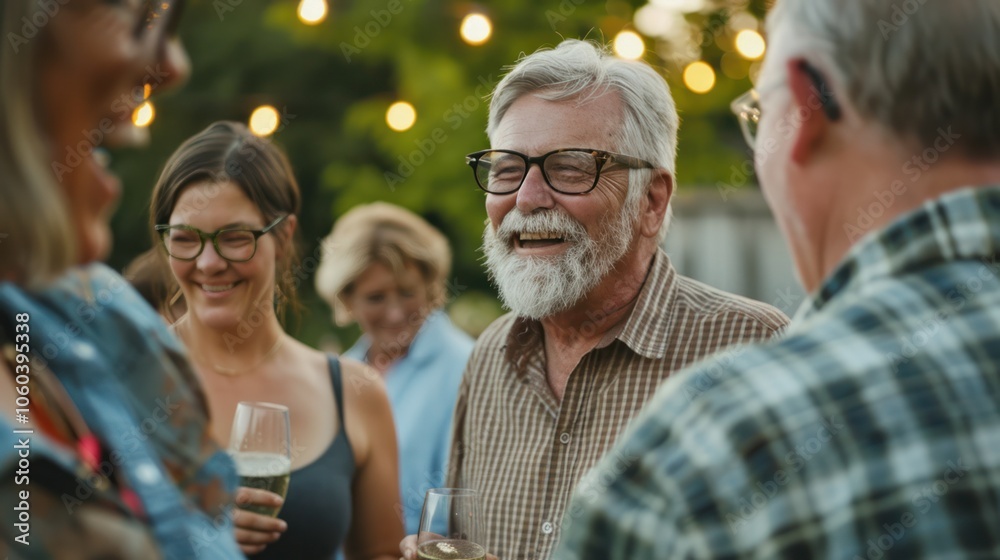 Communication between neighbors at a community gathering, sharing news and laughter Communication between neighbors at a community gathering, sharing news and laughter