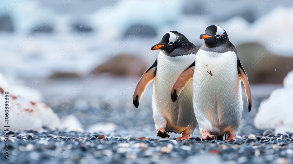 Fototapeta premium Cute animal couples in the wild, two penguins waddling side by side