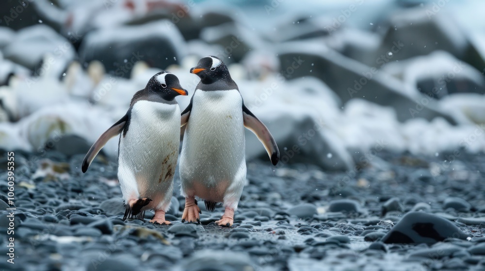 Obraz premium Cute animal couples in the wild, two penguins waddling side by side
