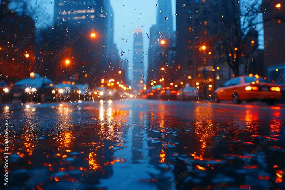 A rainy city street scene captures reflections and glowing lights, creating a moody urban atmosphere during twilight. A rainy city street scene captures reflections and glowing lights, creating a moody urban atmosphere during twilight.