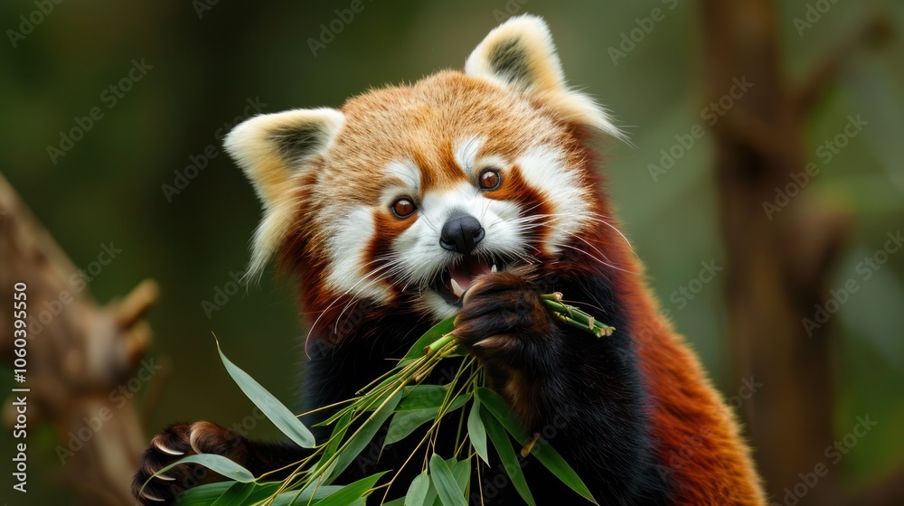Naklejka premium Charming animal expressions, a red panda with a contented smile while munching bamboo