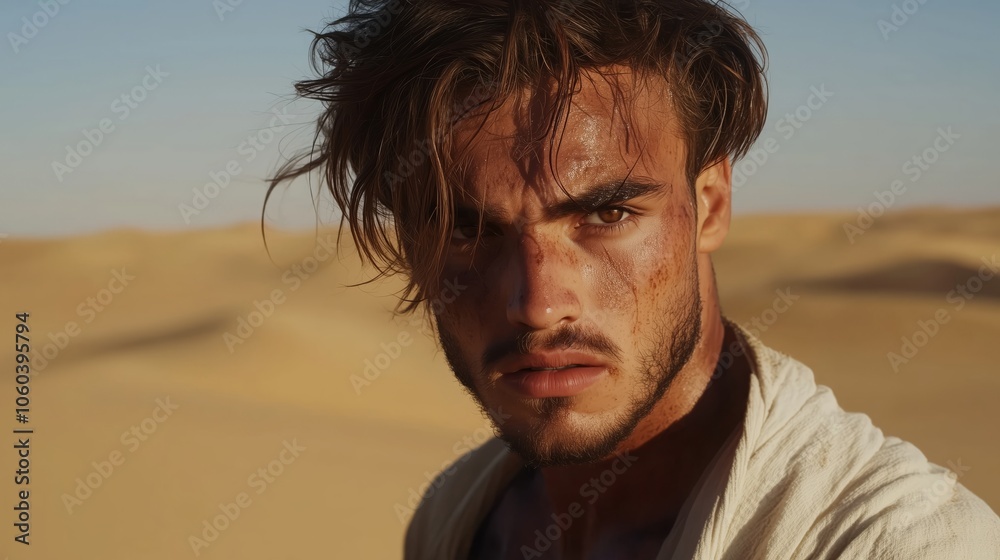 A man with sand covering his face is looking directly at the camera