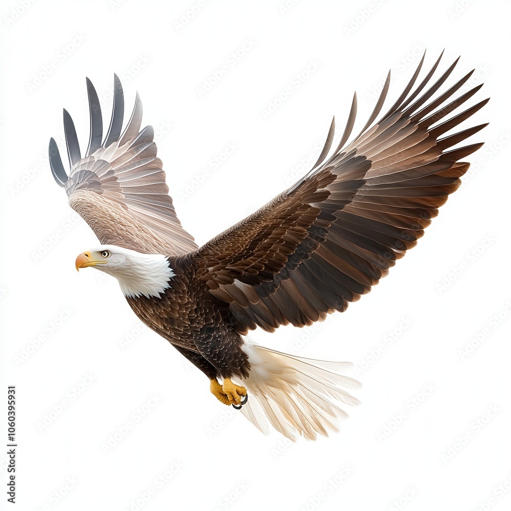 Obraz premium A large eagle is flying in the air with its wings spread wide