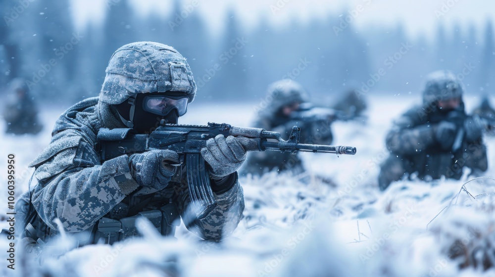 A group of soldiers in camouflage winter gear aiming with precision in a snowy landscape, emphasizing focus and readiness.
A group of soldiers in camouflage winter gear aiming with precision in a snowy landscape, emphasizing focus and readiness.