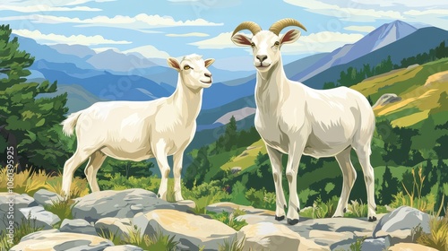 Stylized Mountain Goats on Rocky Hillside