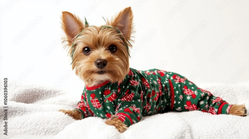 Small dog in holiday pajamas with festive red and green print on a white background Small dog in holiday pajamas with festive red and green print on a white background