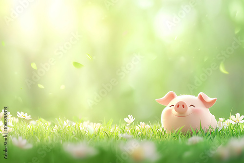 Happy piglet with white board, soft countryside backdrop, 3D illustration