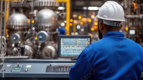 Workers in a refinery control room monitoring complex machinery and adjusting settings refinery control room, machinery operation, workers