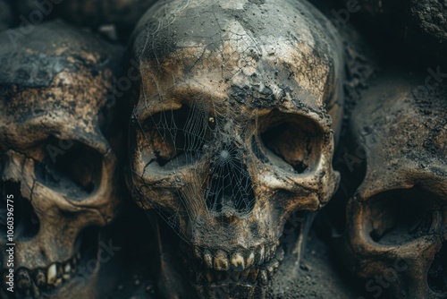 A close up of three decayed skulls with cobwebs, casting an eerie and unsettling atmosphere.