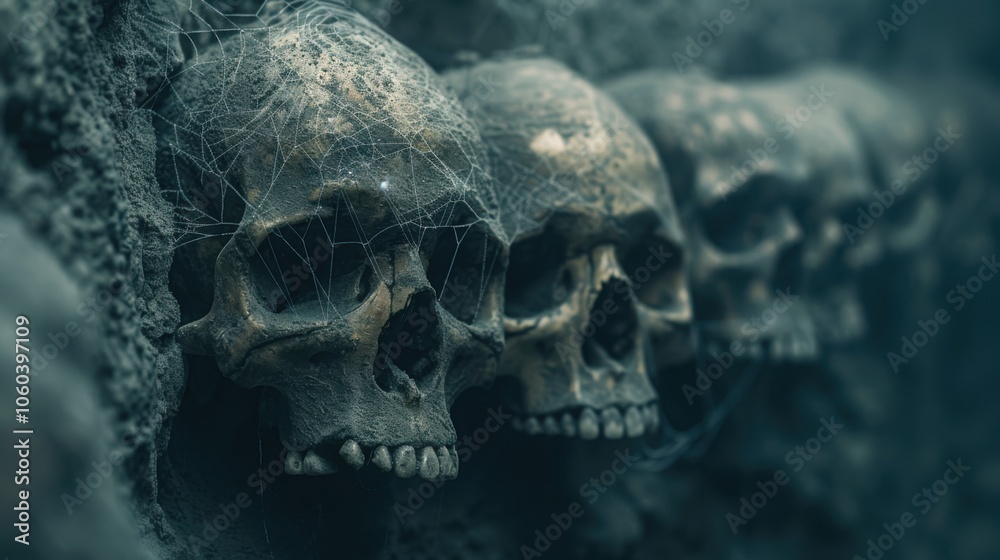 A haunting row of ancient human skulls covered in cobwebs, symbolizing decay and mortality.
A haunting row of ancient human skulls covered in cobwebs, symbolizing decay and mortality.