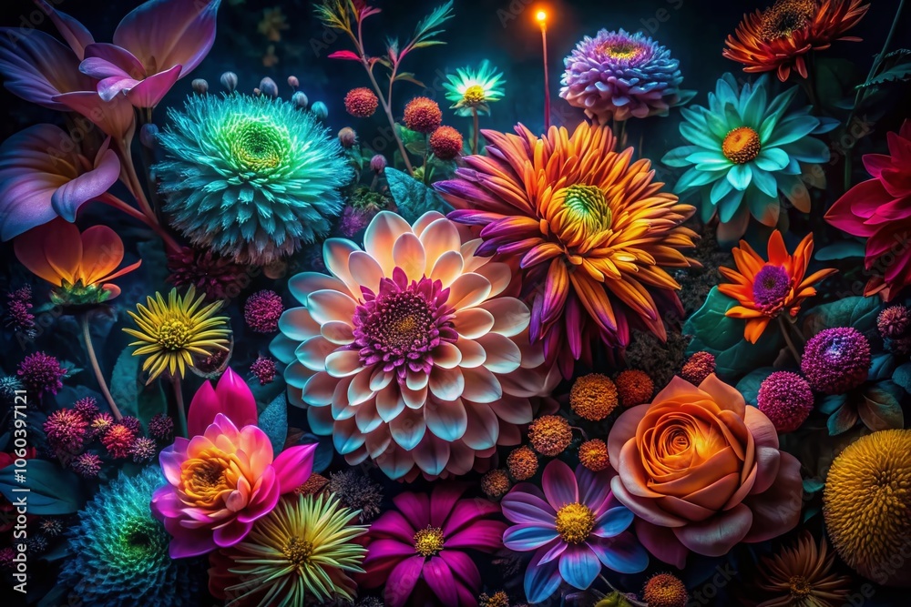 Abstract Night Photography of Flowers - Top View with Vibrant Colors and Intricate Patterns for Stunning Visuals in Floral Art, Nature Photography, and Abstract Designs