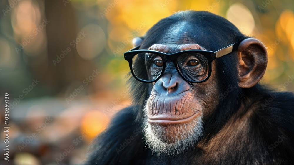 Animals mimicking humans, a chimpanzee wearing glasses, looking studious