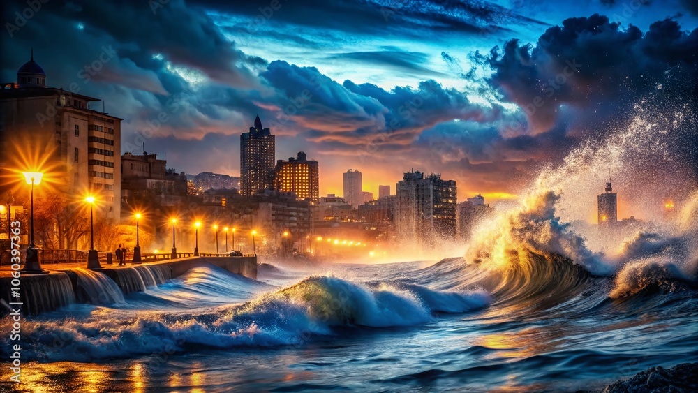 Abstract Nighttime City Flood Silhouette with High Sea Waves - Dramatic Urban Landscape, Night Sky, Ocean Surge, Water Reflection, Dark Imagery, Natural Disaster Art Abstract Nighttime City Flood Silhouette with High Sea Waves - Dramatic Urban Landscape, Night Sky, Ocean Surge, Water Reflection, Dark Imagery, Natural Disaster Art
