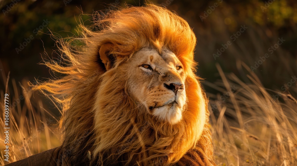 Obraz premium A lion with a mane blowing in the wind, looking regal