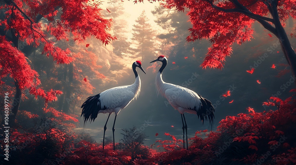 Naklejka premium Majestic cranes standing peacefully among red maple leaves and towering pine trees, morning light casting gentle shadows, highly detailed feathers and foliage, tranquil and harmonious ambiance.