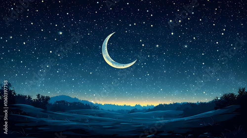 Night Sky Illustration with Crescent Moon and Stars