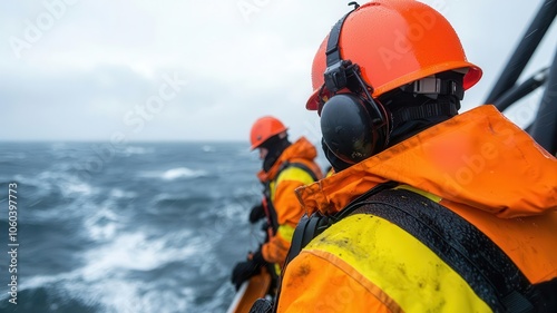 Workers on an offshore platform conducting routine maintenance in windy conditions offshore platform, maintenance crew, challenging conditions