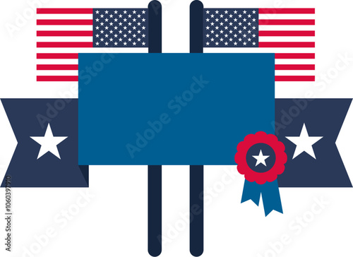 Vector illustration of the USA flags and decorative ribbon with field for text. Patriotism, national holidays, or events celebrating American culture. Website designs for government agencies, educatio