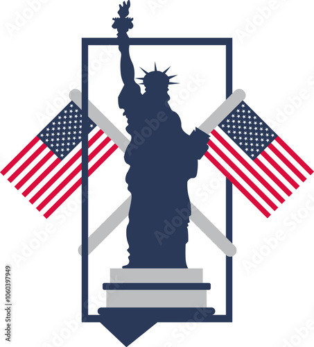 Vector illustration of Statue of Liberty silhouette in rectangle speech bubble and the USA flags. Patriotism, national holidays, or events celebrating American culture. Website designs for government 