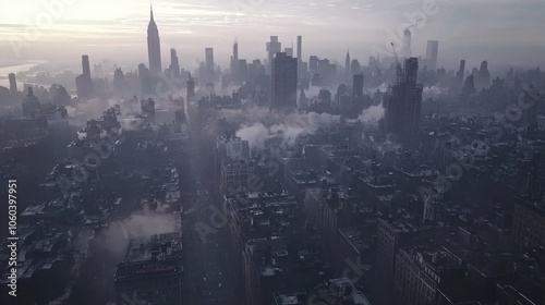 Aerial View of Misty Cityscape with Iconic Skyscrapers photo