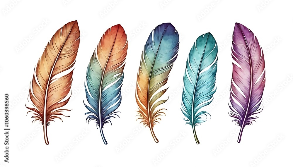 Fototapeta premium Colorful feathers set. Vibrant color bird feathers isolated on white background,angel, coloured, down, feather, flight, fluffy, fly, pure, silhouette, smooth, soft, 946