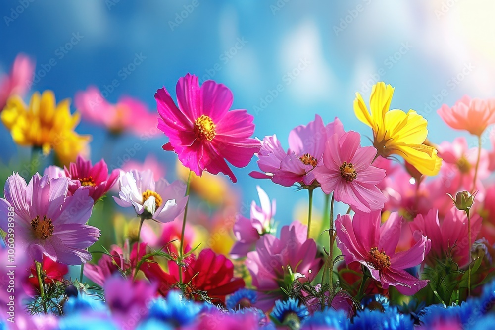 A lively field of cosmos flowers in vibrant pink, yellow, and red hues under a bright blue sky, capturing the spirit of spring.

