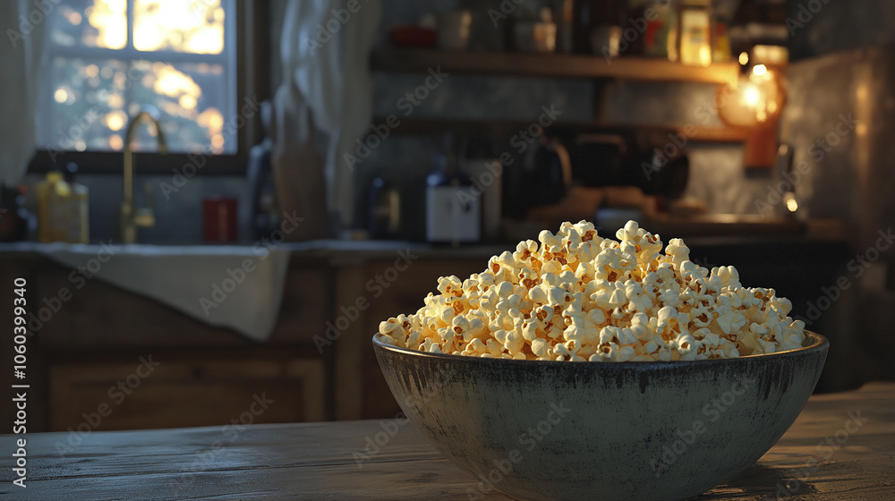 Cozy Comfort: Popcorn in a Bowl Set Against a Rustic Kitchen, Exuding a Warm and Inviting Atmosphere Cozy Comfort: Popcorn in a Bowl Set Against a Rustic Kitchen, Exuding a Warm and Inviting Atmosphere