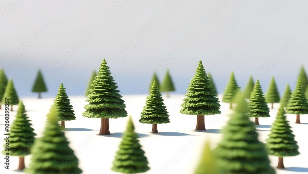 Obraz premium A serene landscape featuring small evergreen trees scattered across a snowy ground, creating a calm, wintery atmosphere.
