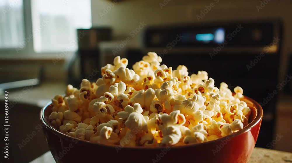 Cozy Comfort: Popcorn in a Bowl Set Against a Rustic Kitchen, Exuding a Warm and Inviting Atmosphere Cozy Comfort: Popcorn in a Bowl Set Against a Rustic Kitchen, Exuding a Warm and Inviting Atmosphere
