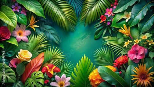 A vibrant tropical floral arrangement featuring diverse blooms and lush foliage, creating a colorful and verdant composition.