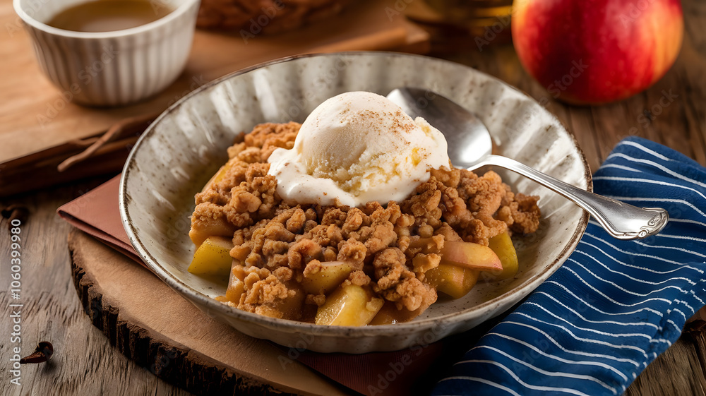 Cinnamon Apple Crumble: A warm apple crumble topped with cinnamon, elegantly served in a rustic dish, garnished with a scoop of vanilla ice cream.
Cinnamon Apple Crumble: A warm apple crumble topped with cinnamon, elegantly served in a rustic dish, garnished with a scoop of vanilla ice cream.
