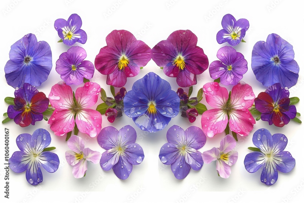 An elegant arrangement of multicolored pansies and violas in a symmetrical pattern, showcasing the diverse beauty of these delicate blooms.
An elegant arrangement of multicolored pansies and violas in a symmetrical pattern, showcasing the diverse beauty of these delicate blooms.