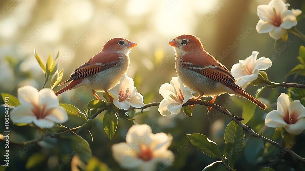 Pair of finches perched among lush gardenia flowers on winding branches, warm light casting gentle shadows, detailed feathers and petals, serene and picturesque scene. --ar 16:9 Pair of finches perched among lush gardenia flowers on winding branches, warm light casting gentle shadows, detailed feathers and petals, serene and picturesque scene. --ar 16:9