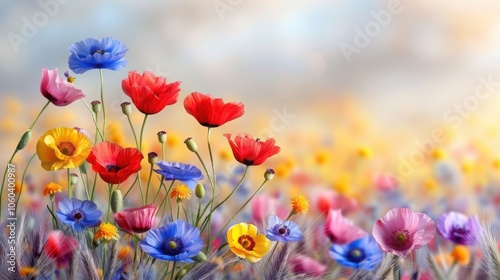 A vibrant field of red poppies, blue cornflowers, and yellow wildflowers under a soft sky, capturing the colorful charm of summer wildflowers.