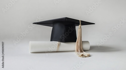 A graduation cap placed on top of a rolled diploma tied with a ribbon, both elements isolated on a clean white background. photo