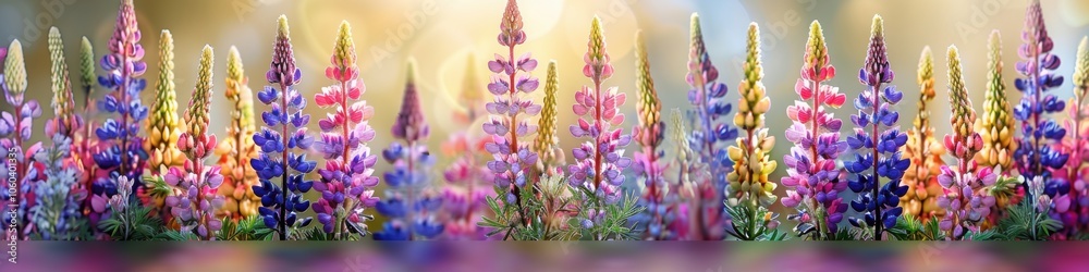 Naklejka premium A panoramic view of vibrant purple and pink lupine flowers arranged in a dense cluster, set against a softly glowing background.