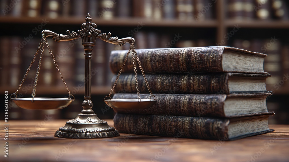 Scales of justice and law books on a wooden table in a library. Scales of justice and law books on a wooden table in a library.