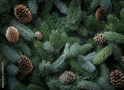 Background with different types of green evergreen tree branches and cones, dark background, Christmas card or wallpaper design. Top view of green Christmas tree branches. Winter nature concept. 