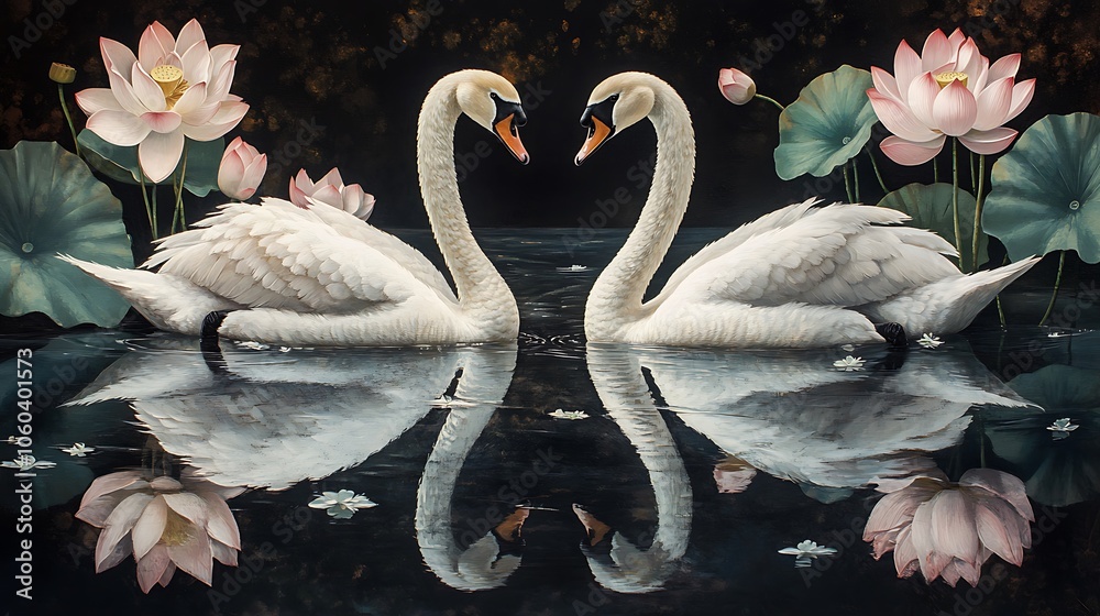 Obraz premium Pair of swans surrounded by blooming lotus flowers, mirrored perfectly in the still water, gentle lighting casting a warm glow, highly detailed feathers, calm and elegant scene. --ar 16:9