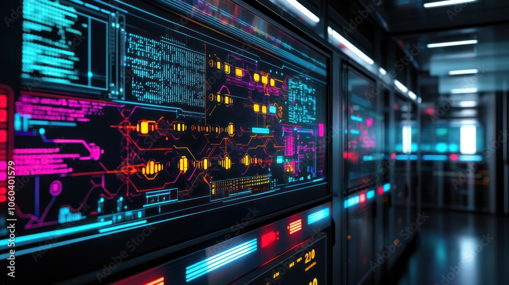 A detailed 3D visualization of a data center server room, filled with an array of server racks equipped with modern technology. A detailed 3D visualization of a data center server room, filled with an array of server racks equipped with modern technology.