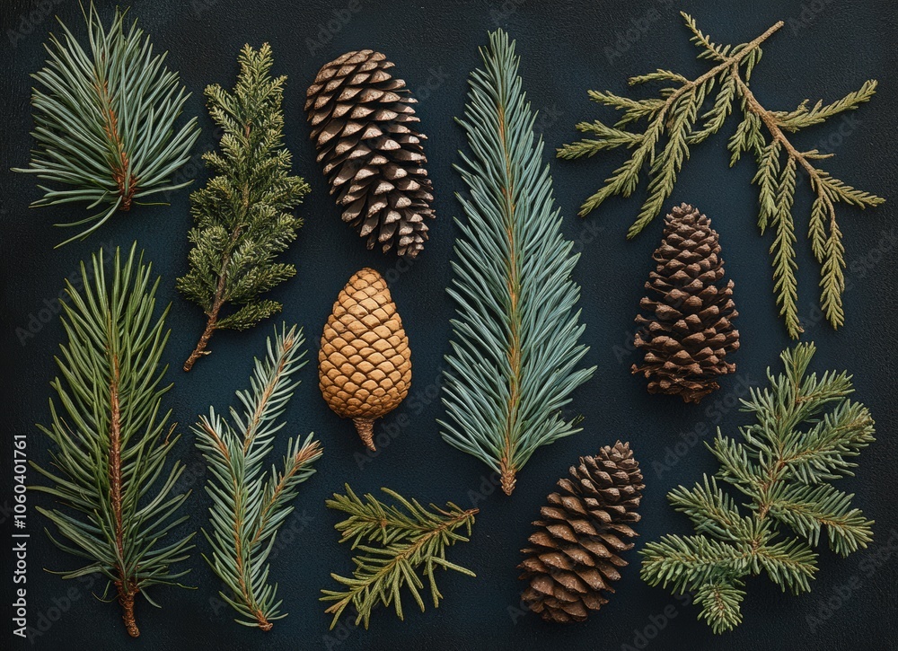 Fototapeta premium Background with different types of green evergreen tree branches and cones, dark background, Christmas card or wallpaper design. Top view of green Christmas tree branches. Winter nature concept. 