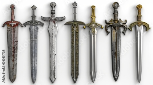 A set of seven decorative medieval swords with unique hilt designs, including short broadswords and fantasy inspired blades, showcasing intricate historical craftsmanship.

 photo