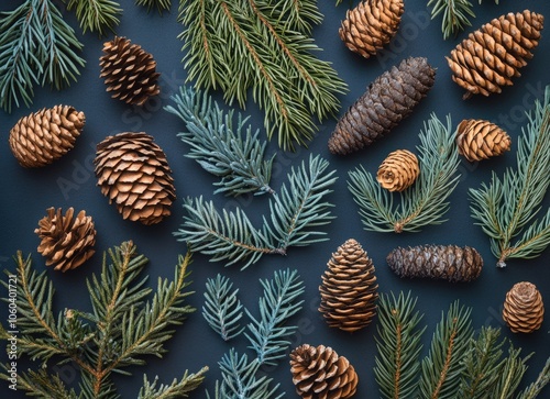 Background with different types of green evergreen tree branches and cones, dark background, Christmas card or wallpaper design. Top view of green Christmas tree branches. Winter nature concept.