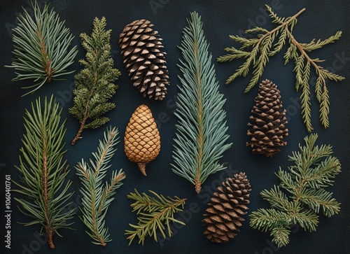 Background with different types of green evergreen tree branches and cones, dark background, Christmas card or wallpaper design. Top view of green Christmas tree branches. Winter nature concept.