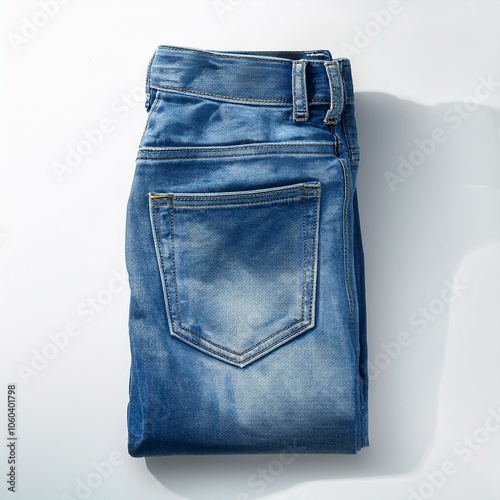 A pair of blue denim jeans folded vertically against a white background, showcasing fashion apparel photo